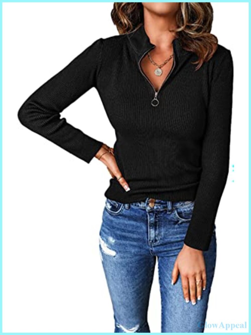 Quarter Zip Mock Neck Rib Knit Fitted Pullover Sweater Long Sleeve V-Neck
